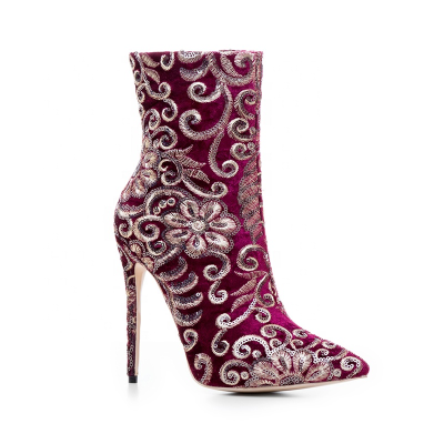 European Style Denim Fabric Embroidery High Sexy Heel Ankle Boots Booties