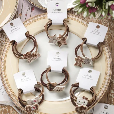 2Piece of Checkered Bear Cartoon Hair Tie Double Line High Elastic Knot Hair Rope High Ponytail Hair Accessories