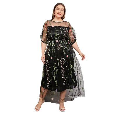 Hot Sales Women's Plus Size Vintage Style Empire Mesh Embroidered Banquet Evening Dress for Party