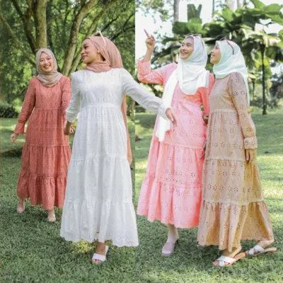 Fashion Design Ladies Flower Casual Skirt Muslim Women Dress Islamic Long Sleeve Solid Color Hollow Lace Polyester Abaya