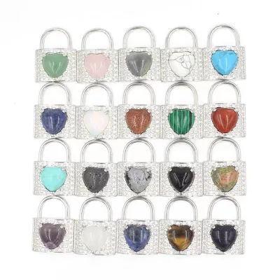 Healing Crystal Stone Couple Lock Pendant Natural Gemstones Heart Lovers Lock Pendant