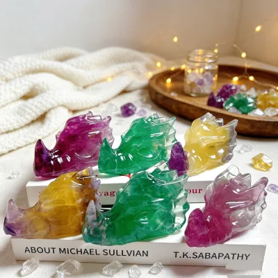 Wholesale Natural Gemstone Colorful Fluorite Dragon Head Carving Skulls Healing Crystal Desk Decor Gift