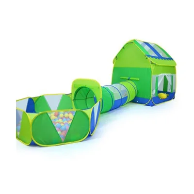 Green 3 Piece Kids Play Tent Crawl Tunnel and Ball Pit With Basketball Hoop Playhouse for Boys and Girls