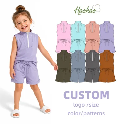 Low MOQ Wholesale Kids 2-Piece Activewear Set Solid Color Sleeveless Pullover Elastic Waist Shorts Girls Clothings Ets