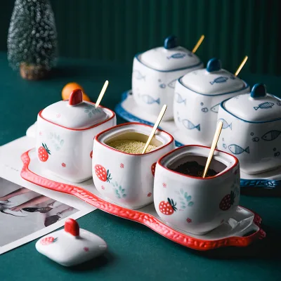 Retail Wholesale Cartoon Tableware Hand-Painted Seasoning Pot with Spoon Ceramic Seasoning Pot Set