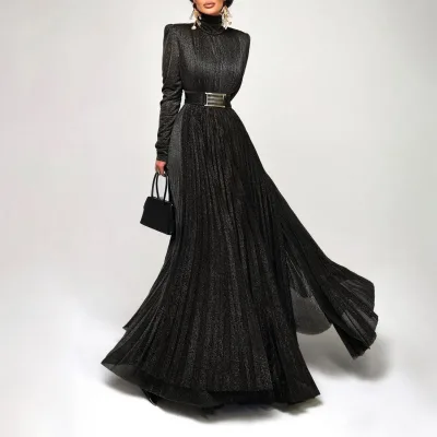 New Style Casual Loose Elegant Half-high Collar Long Sleeve Pleated Bright Plus Size Long Dress Women Evening Dress