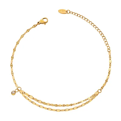 Wholesale Simple Stainless Steel 18K PVD Gold Plated Double Layers Zircon Pendant Anklet Titanium Steel Lip Chain Zircon Anklet