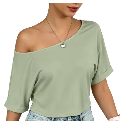 Soft Spandex Blend Off Shoulder Short Sleeve Crop Top Women Casual Relaxed Indoor Loungewear Wholesale for Retailers