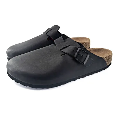 High Quality Black Genuine Leather Platform Closed Toe Slip-On Breathable Anti-Slippery Soft Cork Sole Evergreen Unisex Sandals
