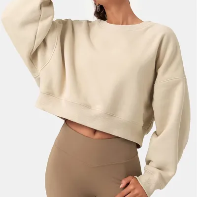 High Quality Custom Logo 100% Cotton Oversize Loose Fit Crewneck Pullover Batwing Sleeve Blank Yoga Sweatshirt for Women