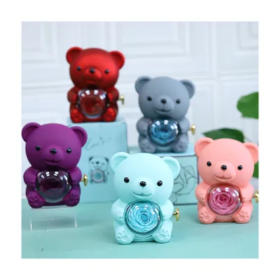 ActiveLove Wholesale Valentine's Day Gift Real Preserved Rose Heart Necklace Forever Natural Flowers Rotating Bear Jewelry Box