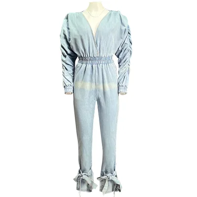 Custom Denim Acid-washed Jumpsuit Women's New Casual Long-sleeved High-waisted Loose Elastic Pants