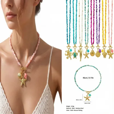 Trendy  Ocean Gold Stainless Steel Pendant Necklace Colored Natural Shell Handmade Beaded Women Summer Beach Vacation Gift