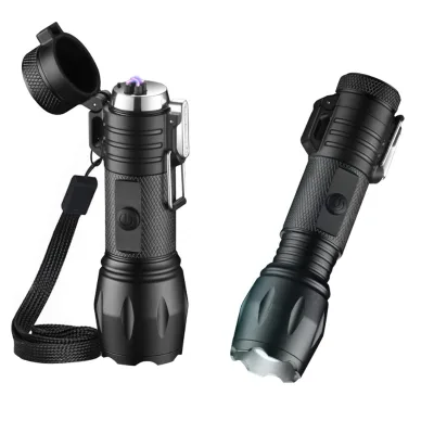 Outdoors Waterproof Electric Pulse Rechargeable Lighter Multifunction Dual Arc Survival Lighter with Zoomable Flashlight