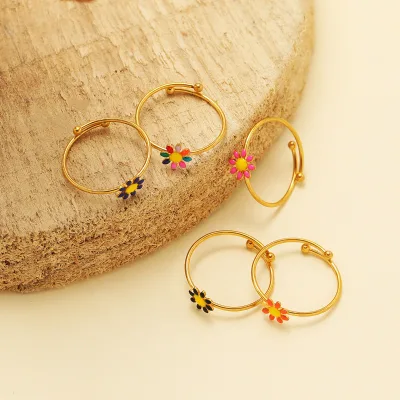 Girls colorful flower ring European and American personality ring stainless steel movable adjustable ring accessories wholesale