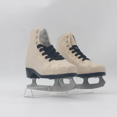 Elegant Beige Embossed Print Ice Skates - Women's Fashion Figure Skates With Thermal Lining