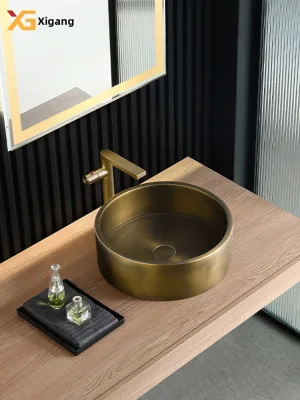 Xigang Antique Copper 304 Stainless Steel Retro Countertop Mounted Round Single Basin Wash Basin for Hotel Homestay
