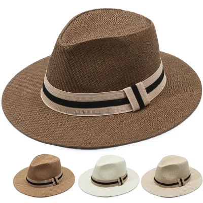 Western Cowboy Straw Hat Unisex Striped Hand Embroidery Summer Travel Beach Photo Sunshade