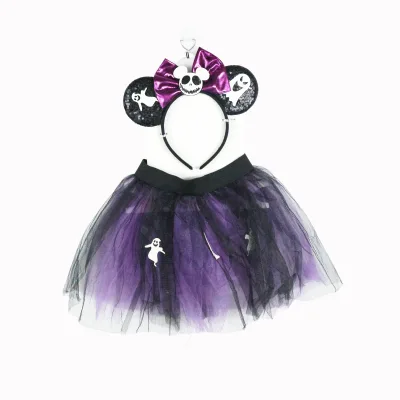 Kids Girls Halloween Ghost Skull Tutu Skirt Set Mouse Ear Bow Headband Purple Black Tulle Party Cosplay Costume One Size