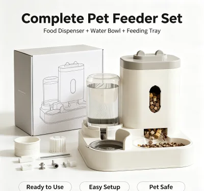 Anti-Splash Waterproof Dual Pet Feeding Station Semi-Automatic Refill 2-in-1 Cat Dog Feeder Clear Water Reservoir Large Capacity