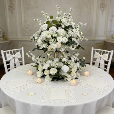 DKB Hot Selling Wedding White Silk Rose Candelabra Wreath Flower Centerpiece for Table Decorations