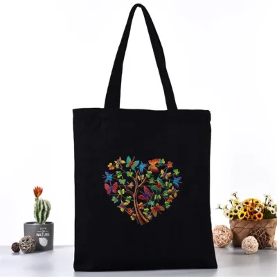 Hot Selling Custom Logo Print Shoulder Handbag Hand-held Black Canvas Tote Bag for Women