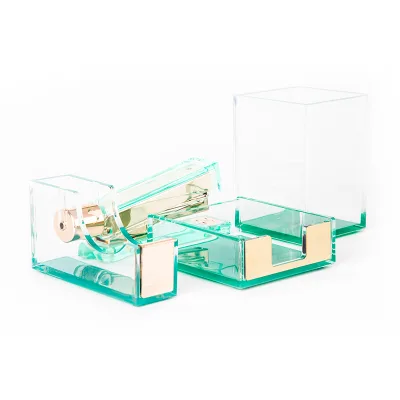 Office Desktop Decoration Acrylic Tape Dispenser Stapler Green Brush Pen Holder Stationery Set