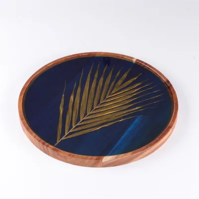 Factory Sale Ramadan Eid Gift Round Acacia Wood Resin Inlay Chocolate Serving Tray for Dessert Serving Tray