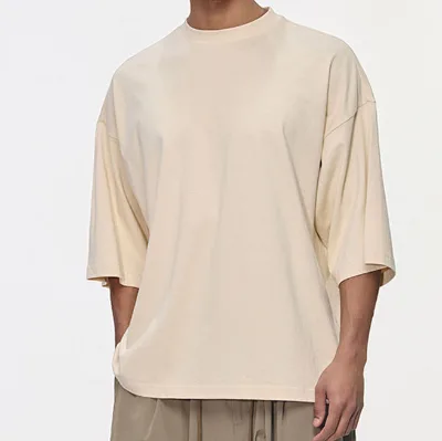 Men's Regular Fit Short Sleeve T-Shirt 180 Grams Sporty 100% Cotton Luxury Streetwear with Drop Shoulder and Rib Mock Neck