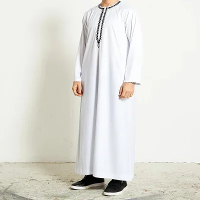 Men's Delicate Embroidery Omani Traditional Prayer Thobe Long Sleeve Saudi Arabic Style Casual for Ramadan Wearing for Spring