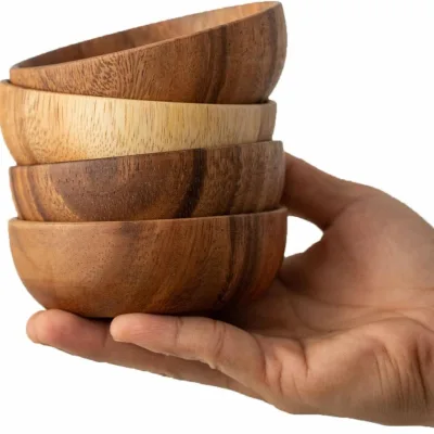 Eco-Friendly Classic Acacia Wood Dipping Bowls & Sauce Dishes Set Small Size for Ketchup Barbecue Sauce Dressings & Appetizers