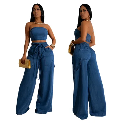 Women's Summer Wide-leg Pants Set Spring Best-Selling Casual Denim Crop Top Pant Set Rope-Detailed Wide-Leg Pants Set