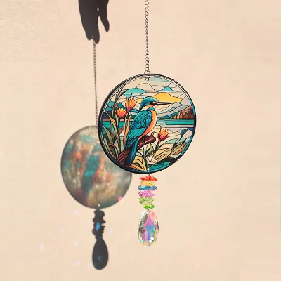 River Blue Art Deco Coastal-Themed Glass Wind Chime with Crystal Pendant for Beach House Decor