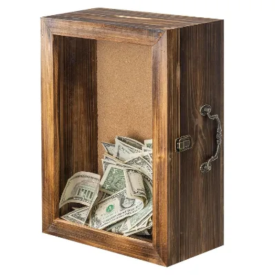 Eco-Friendly & Elegant Brown Solid Pine Wood Shadow Box Style Piggy Bank with Lock