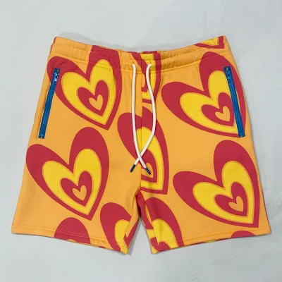 Custom Casual Full Printing Heart Logo Shorts Sport Wear Fleece Cotton Heavyweight and Zipper Pocket Shorts for Men