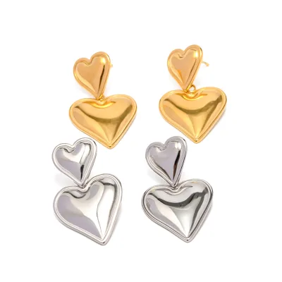 Trendy Double Heart Earrings 18K Gold Plated Stainless Steel Hypoallergenic Jewelry Smooth Love Drop Earrings for Women Girl