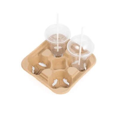 Moulded Pulp Tray Customized-Eco-Friendly Takeaway 2/4 Cup Carrier Disposable Ffee Drink Cup Paper Pulp Fiber Holder Tray