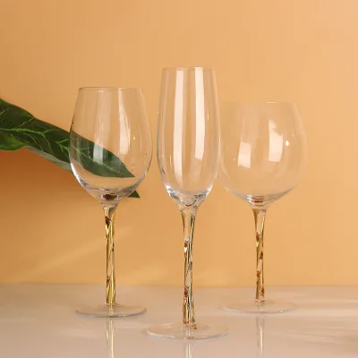 Chinese Manufacture Unique Design Crystal Champagne Glass Wine Goblet with Colorful Twist Stem Gilded Stem