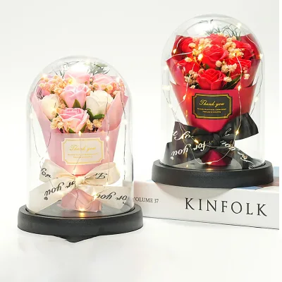 Factory Dried Bouquet Soap Flower Glass Dome LED Light Dried Preserved Flowers for Mother's Day Gifts Valentine's Day Gift