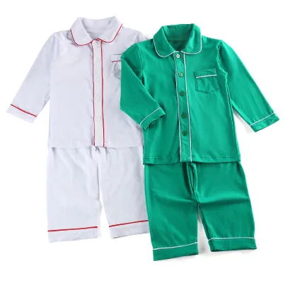 Hot Sell Summer Green Blank Casual Kids Boys Pajamas Set Toddler Girls Polo Collar with Pocket Sleepwear