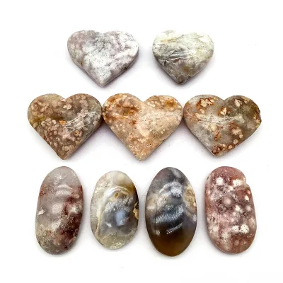 Wholesale Reiki Healing Stones Flower Agate Crystal Carving Cherry Blossom Agate Heart and Palm Stone