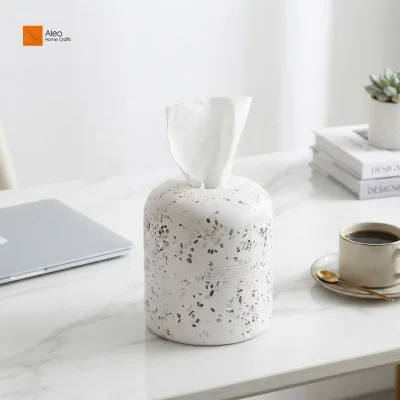 Waterproof Eco-Friendly Comfortable Dense Solid Wall Cylindrical Split Terrazzo Resin Tissue Box for Upscale Boutique Hotel