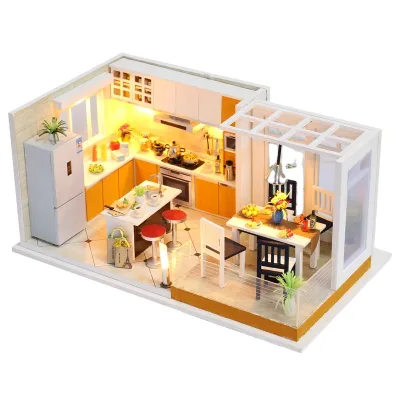 IIECREATE Miniature Wooden Doll House with Kitchen 1:24 Scale Wholesale DIY Set with Light