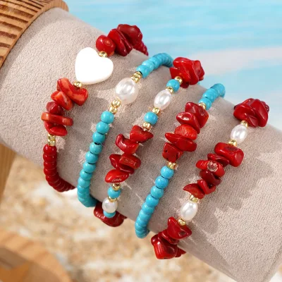 Boho Fashion Jewelry Set Hot Sale Beaded Bracelet Adjustable Red Coral Turquoise Pearl Heart For Women