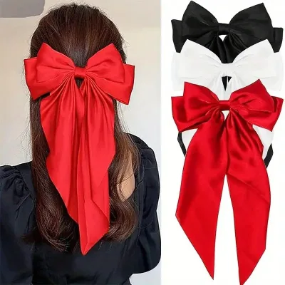 Europe and the United States girl long solid color satin bow spring clip Large bow long float back hair clip