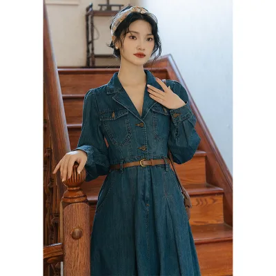 Women's Vintage Washed Denim Dress Long Sleeve Lapel Collar Slim Waist a Line Casual French Style Midi Dress