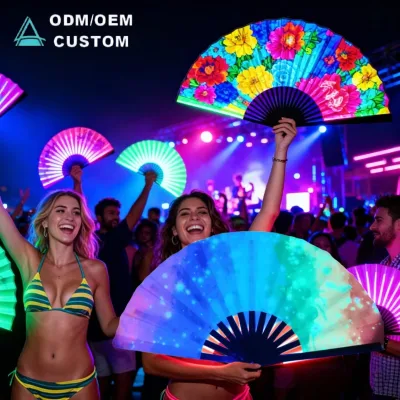 Custom UV Reactive Floral Folding Hand Fan Personalized Large Dance Fan for Birthday Parties and Music Events