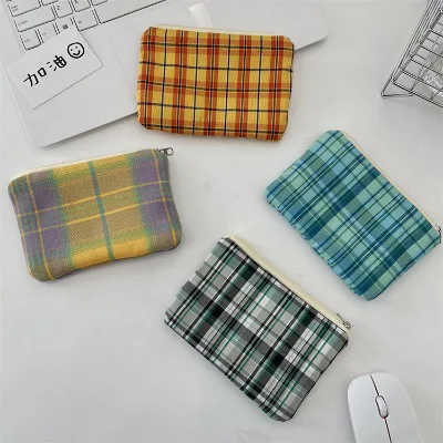 Promotional Polyester Mini Multi-function Storage Pocket Contrasting Plaid Small Purse Lipstick Privacy Coin Case Teen Girl Gift