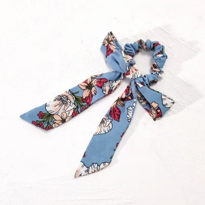 Denim Blue Custom Women Travel Elastic Bow Hair Band Knotted Scarf Scrunchies Hair