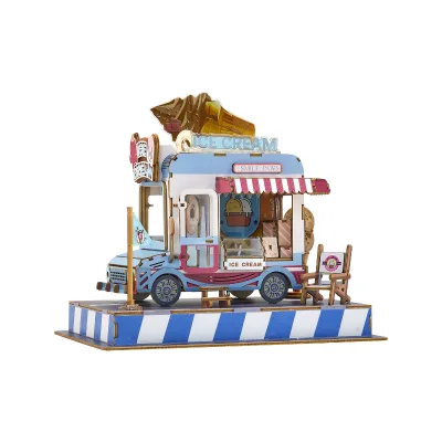 Wincent 3d Wooden Ice Cream Van Puzzle Miniature Food Truck Model Kit Diy Craft Building Collectible Desk Decor Gift